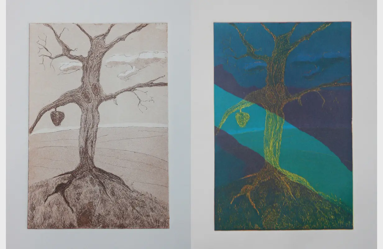 "The Tree"    Etching (L) and Monoprint (R) on paper,  9 x 6 in each, 
 2016